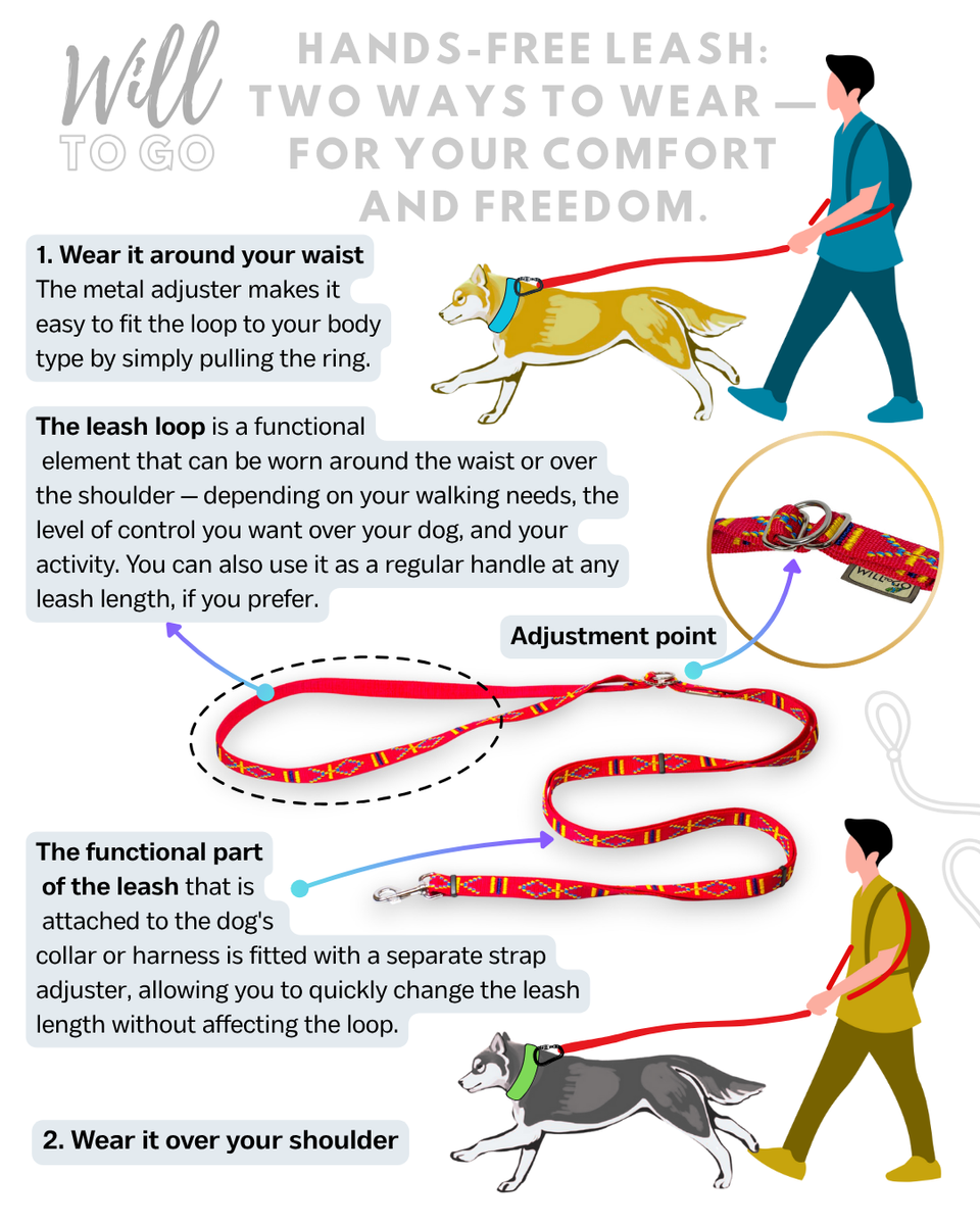 Hands-free dog leash with dual length adjustment | WILL TO GO, Red Ethno