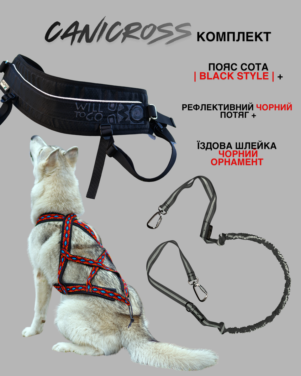 Комплект для канікросу, скіджорингу та догтрекінгу: пояс для бігу | амортизуючий потяг-банджі | їздова шлейка X-back 550 фото