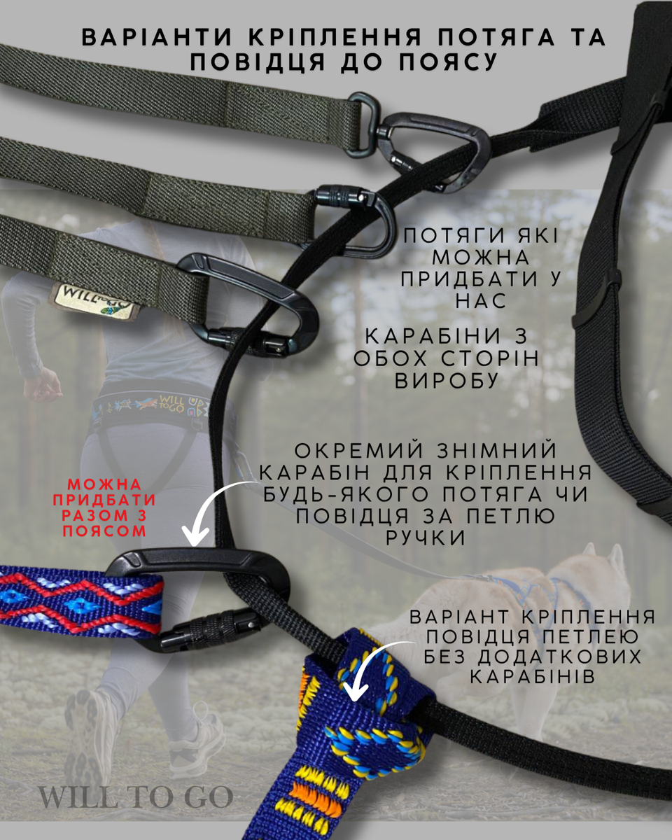 Пояс для канікросу з карманом вільні руки | HUSKY LINE | Для бігу, скіджорингу, догтрекінгу, прогулянок та подорожей | WILL TO GO P-001 фото